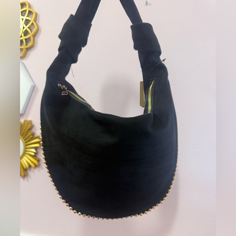 Black Vegan Leather Hobo Bag for Women Studded Faux Suede Shoulder Purse, Large - Picture 2 of 5